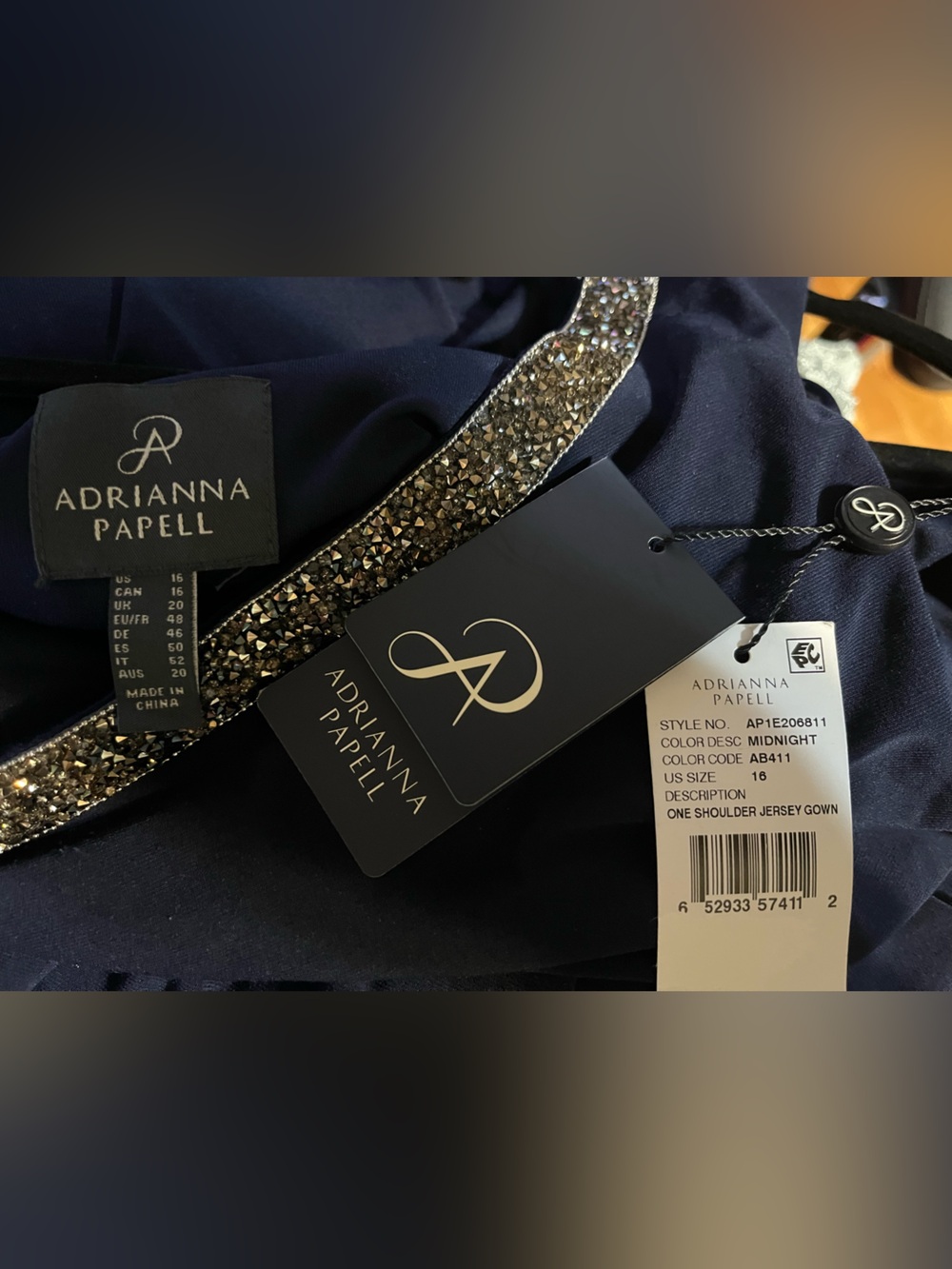 NWT Adrianna Papell Embellished One Shoulder Jersey Gown Midnight Blue Size 16 - Picture 8 of 8